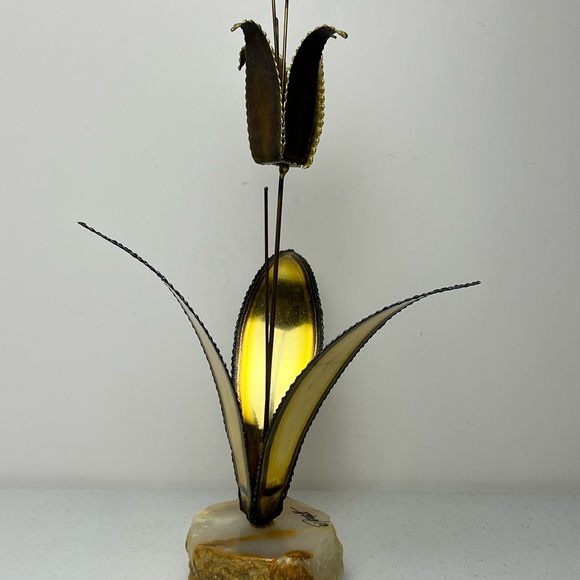 MCM Brutalist Floral Sculpture Brass Copper Signed John DeMott Onyx Base - Picture 8 of 15